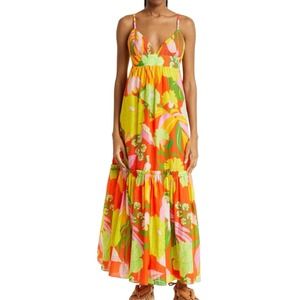 Farm Rio Red Neon Floral Tiered Cotton Maxi Dress Size XL